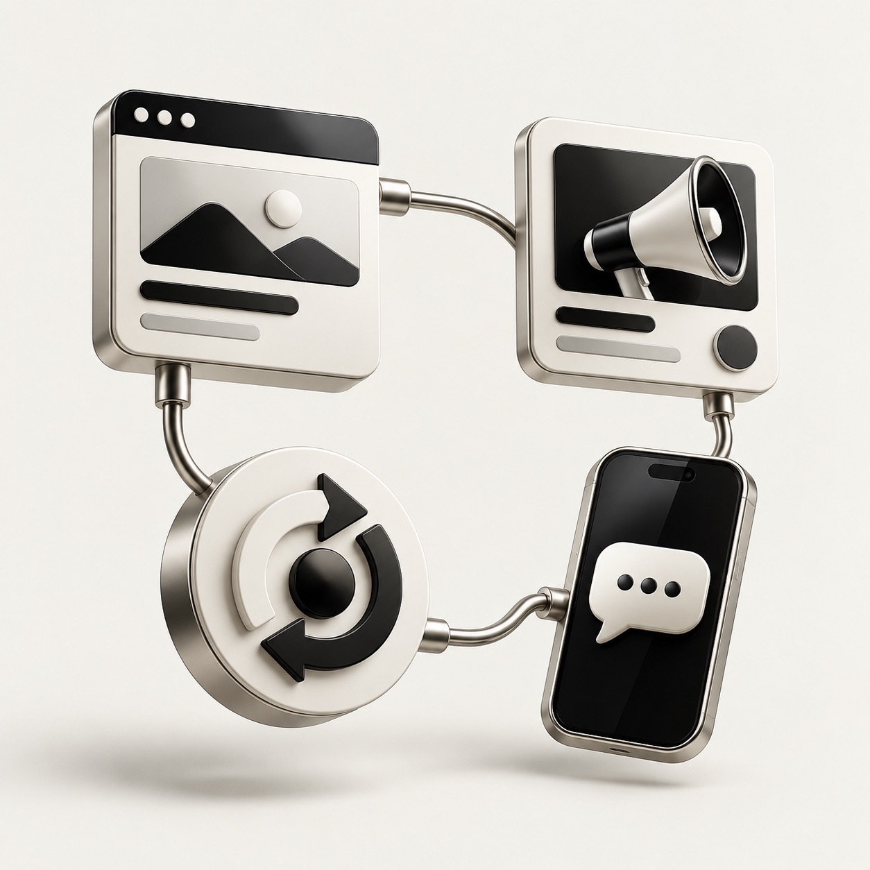 Concept illustration connecting a website, an ad, a conversation and a feedback loop