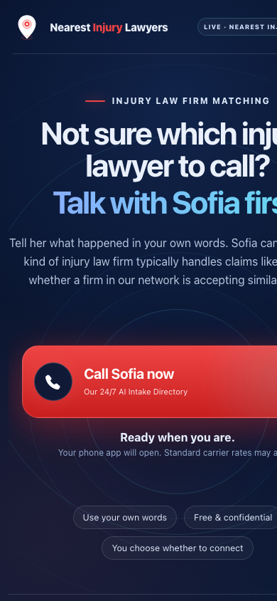 Live nearestinjurylawyers.com homepage on a phone